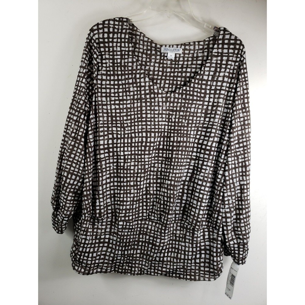 Pendleton Women’s 3X Brown Check Pullover Top – Nylon Knit, Long Sleeve